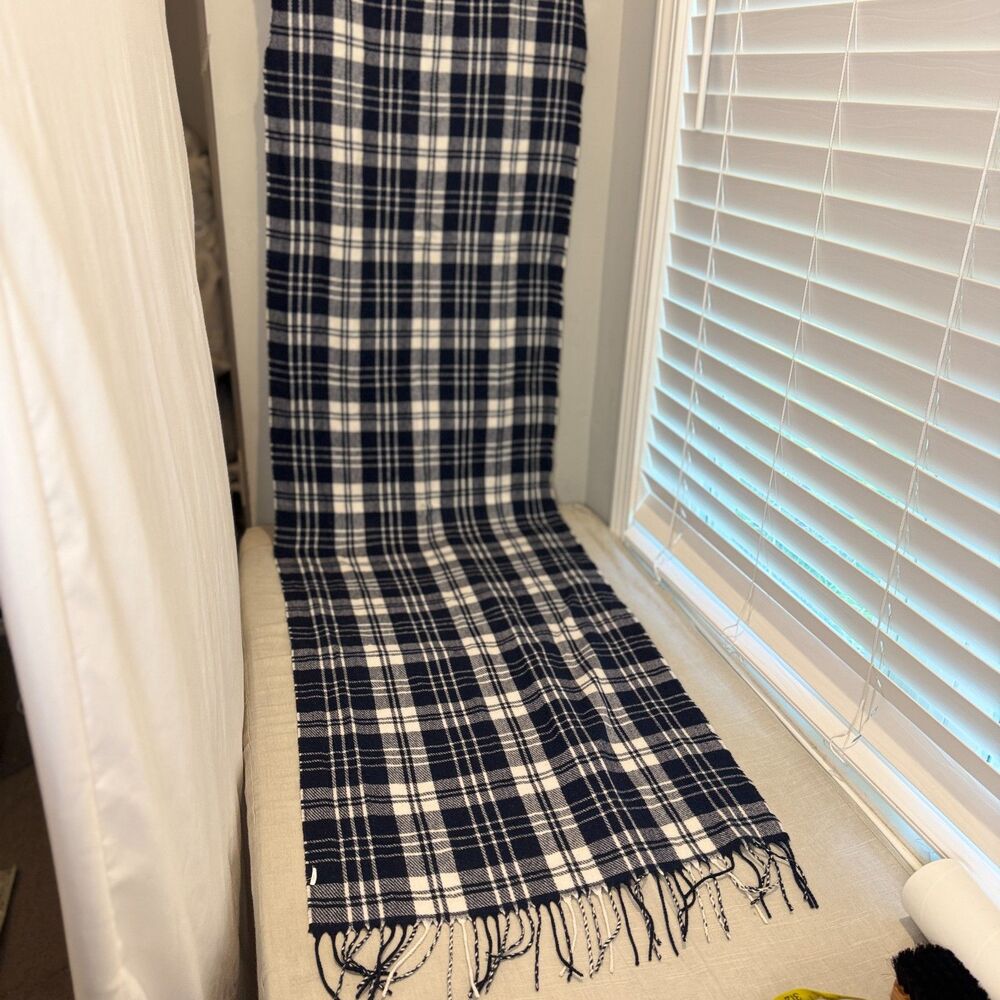 Oversized Navy White Plaid Fleece Scarf 78" Soft Cozy Unisex Fall Winter